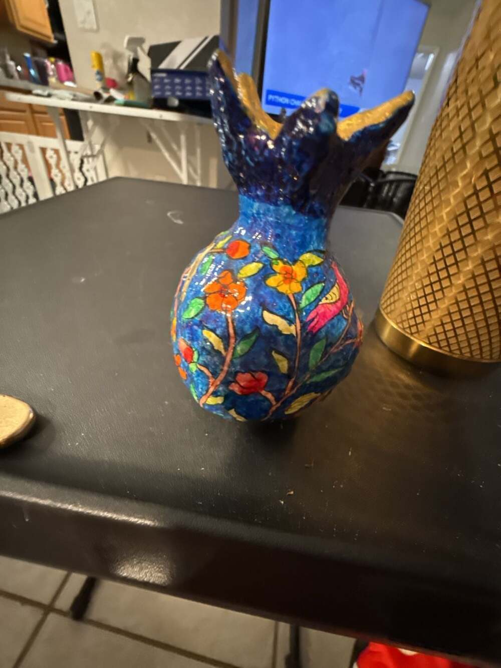 Hand-Painted Pomegranate-Shaped Decorative Ceramic Vase with Floral and Bird Mot